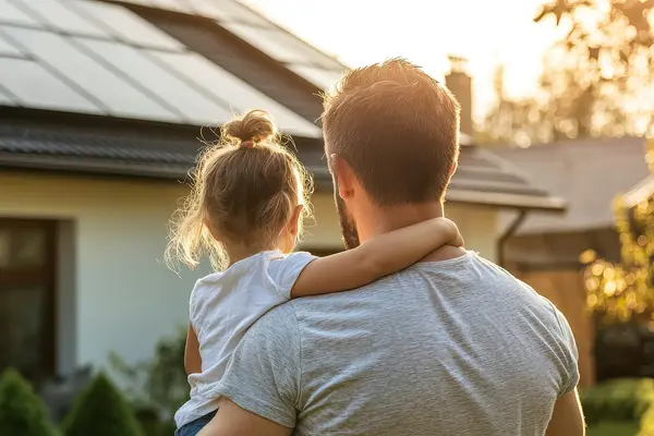 Mann mit Kind blickt auf Photovoltaikanlage auf dem Dach des Eigenheims