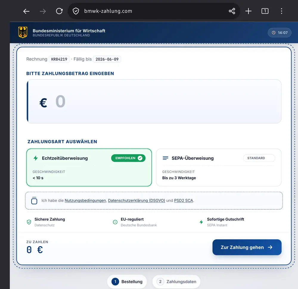 Screenshot einer gefälschten Internetseite mit Bundesadler und Überschrift "Bundesministerium für Wirtschaft, Bundesrepublik Deutschland"