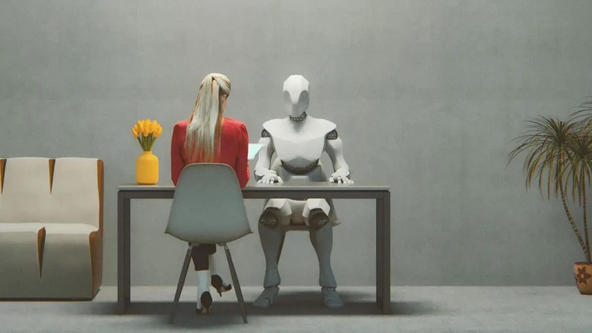 Algorithmen spielen auch oft auch bei der Bewerberauswahl mit: Ein Bewerbungsgespräch, in dem eine Frau einem Cyborg gegenübersitzt