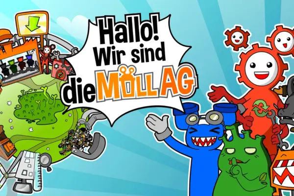 Comicfiguren neben Illustration einer Weltkugel mit der Sprechblase "Hallo! Wir sind die Müll AG"
