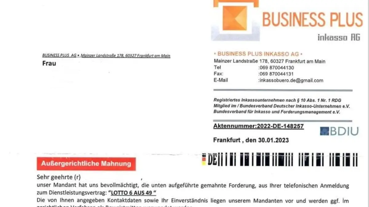 Briefkopf des Inkassoschreibens der Business Plus inkasso AG.