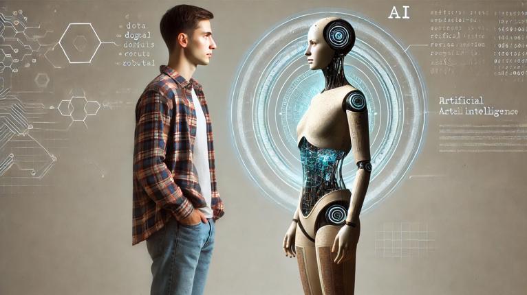 Das Bild zeigt einen 45-jährigen Menschen, der in Alltagskleidung einer KI gegenübersteht, die durch digitale Codes, Schaltkreise und holografische Elemente als datengetriebener Computer erkennbar ist, während sie sich in die Augen blicken.