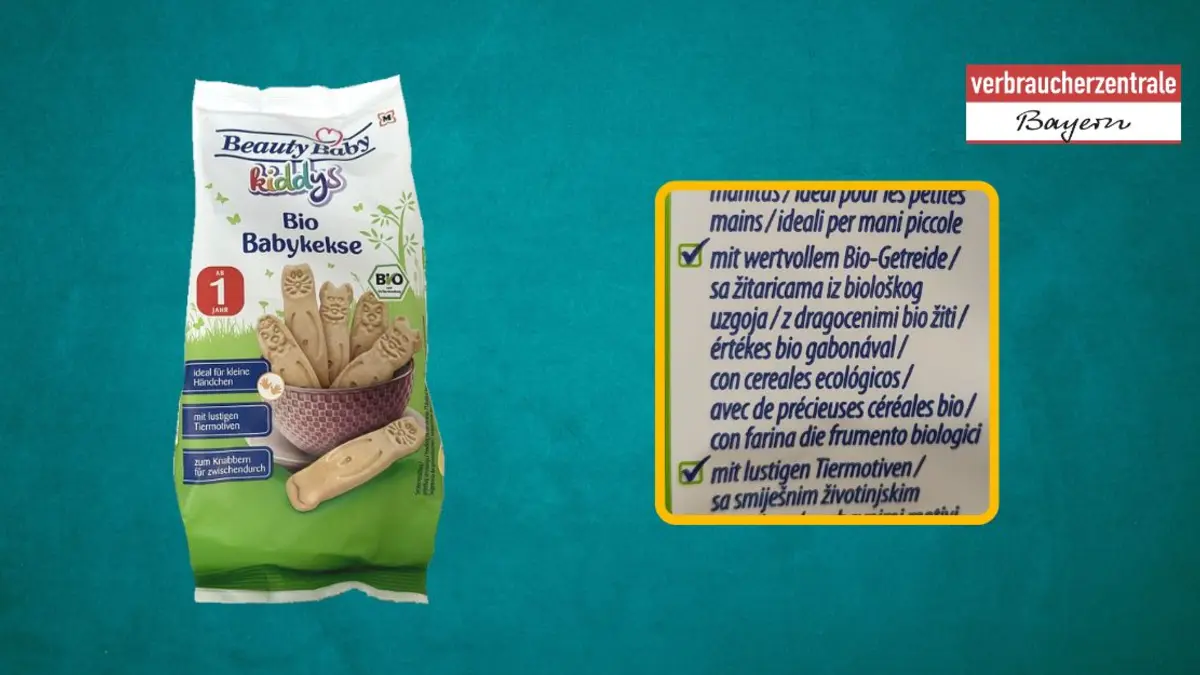Produktfoto von Kinderkeksen mit hervorgehobenem Claim