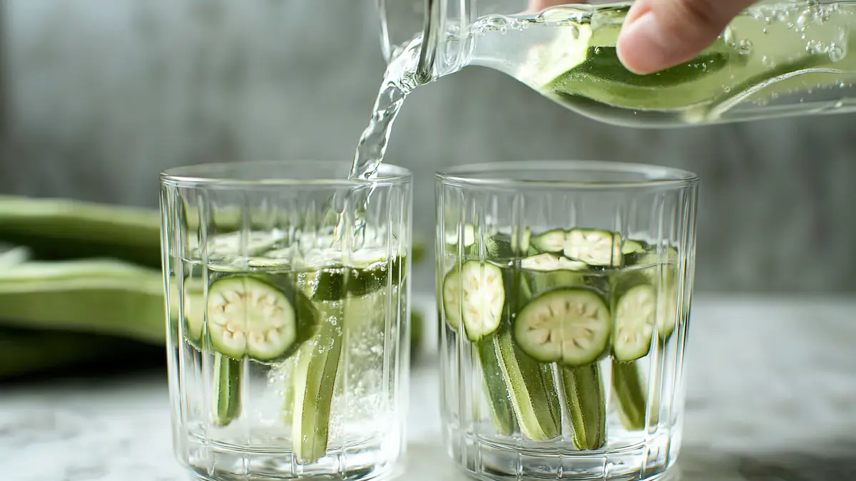 Jemand schüttet Okrawasser in zwei Gläser ein