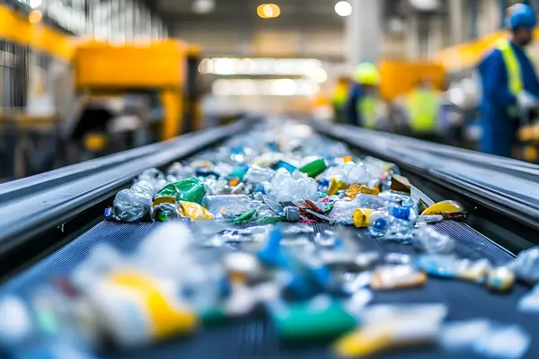 Förderband in einer Recyclinganlage zur Sortierung von Kunststoffen, Metallen und Papierabfällen für eine effiziente Verarbeitung und Wiederverwendung Arbeiter im Hintergrund überwachen die automatisierte Sortierung und Verwertung