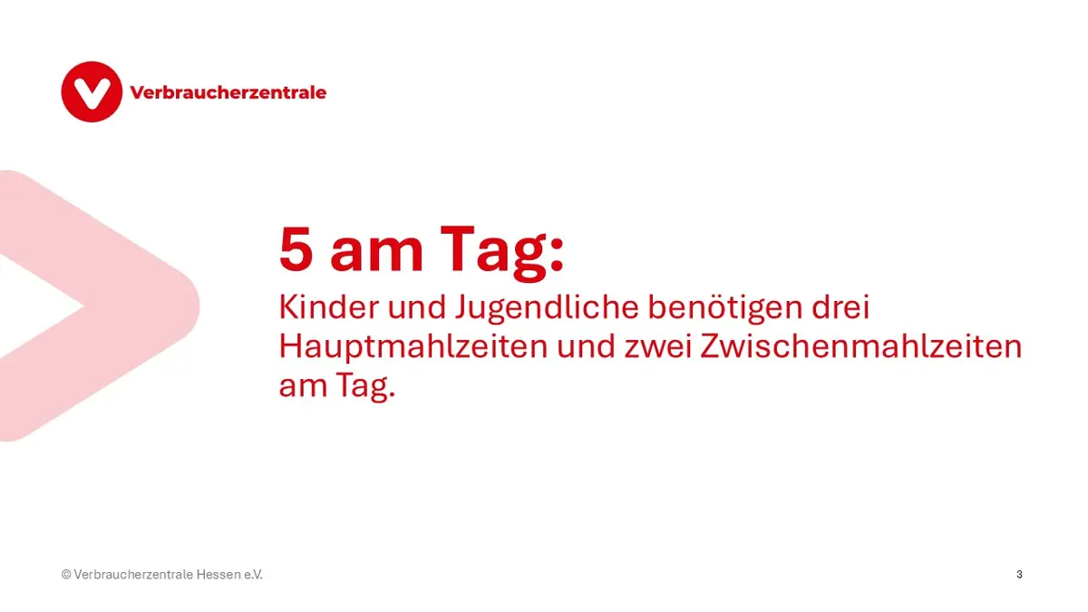 5 am Tag: Kinder und Jugendliche benötigen drei Hauptmahlzeiten und zwei Zwischenmahlzeiten am Tag.
