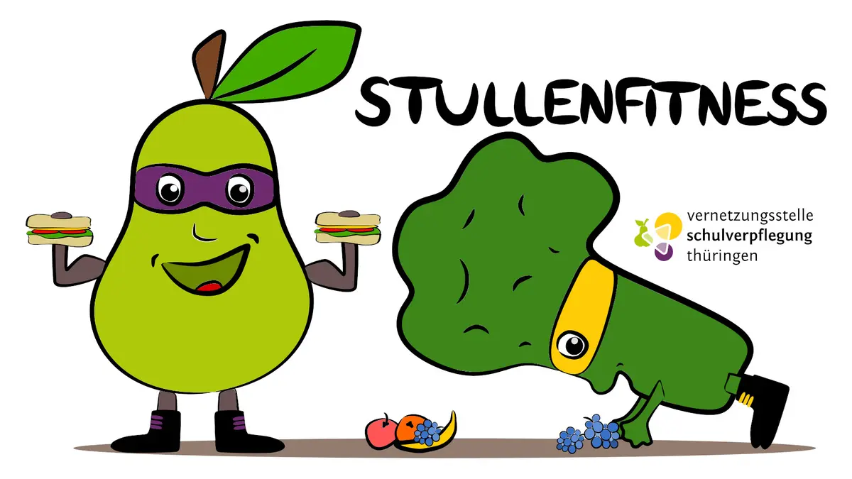 gezeichnetes Bild von Frieda Birne und Karl Broccoli beim Sport