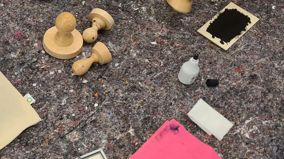 Stempel und Stempelkissen auf grauer Tischdecke