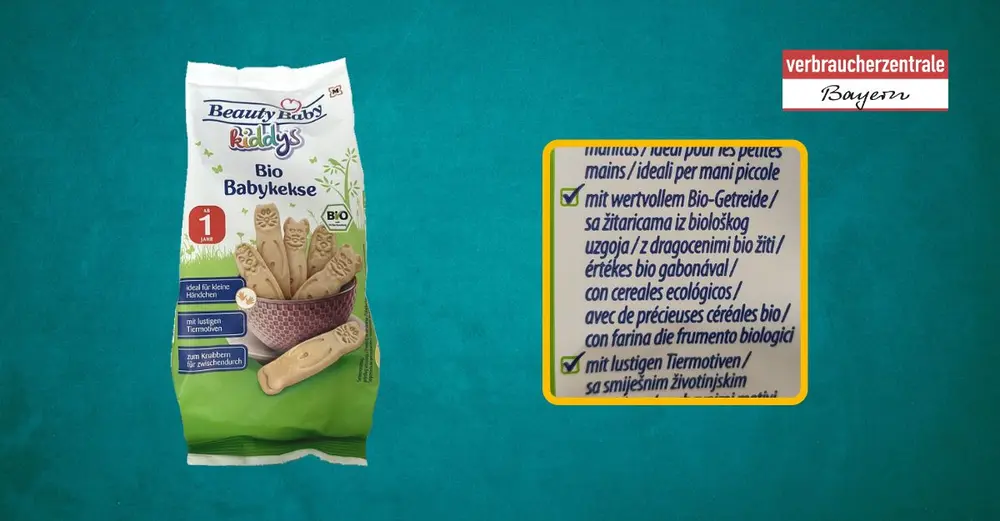 Produktfoto von Kinderkeksen mit hervorgehobenem Claim