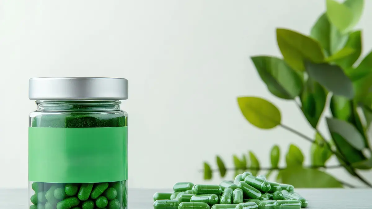 Eine Glas mit dem Bio-Nahrungsergänzungsmittel Spirulina
