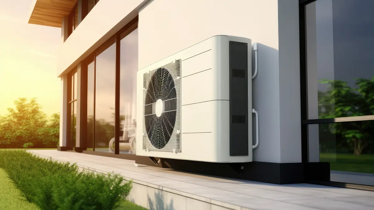 Bild mit Haus, das im Außenbereich eine Wärmepumpe hat.