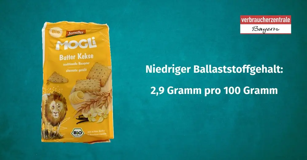 Produktfoto von Kinderkeksen mit der Angabe des Ballaststoffgehaltes