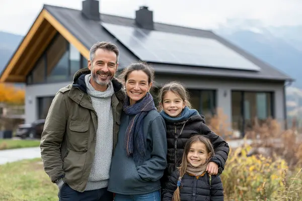 Familie vor einen Eigenheim mit Solaranlage auf dem Dach