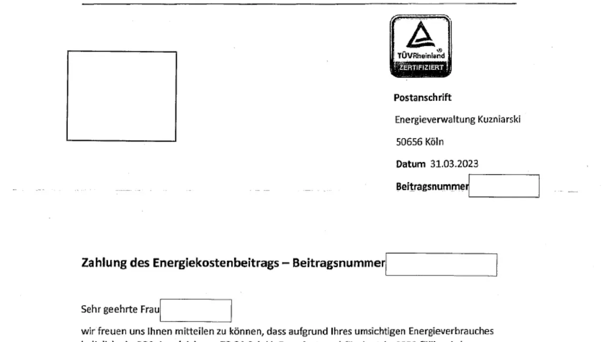 Anschreiben Betrugsmasche Energiekostenbeitrag