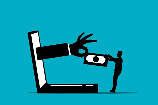 Hand zieht Geld in den Laptop