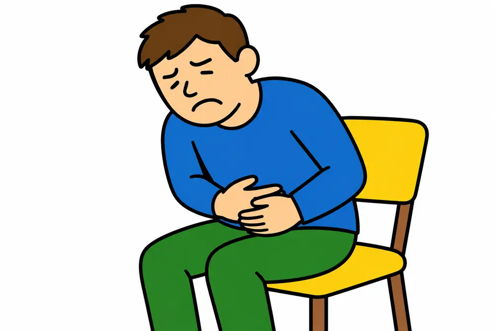 für leichte Sprache: Mann auf einem Stuhl sitzend, hält sich den Bauch vor Schmerzen