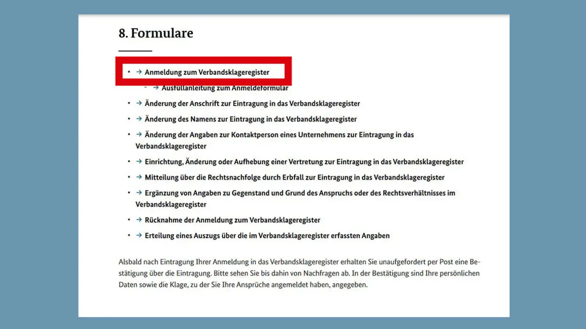 Screenshot der Webseite des Bundesjustizamts: Informationen zur Musterfeststellungsklage