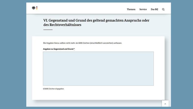Screenshot der Webseite des Bundesjustizamts: Angaben zum Klagegrund im Formular