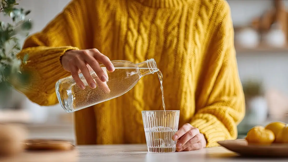 Eine Person im gelben Pulli schenkt Mineralwasser aus einer Glasflasche in ein Glas.