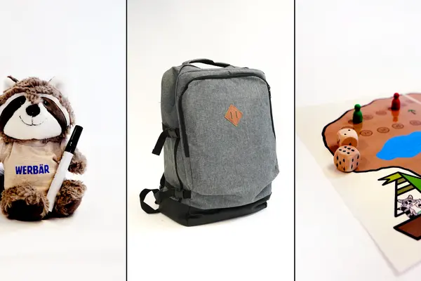 Ein Waschbär-Kuscheltier, ein Rucksack, ein Spielfeld