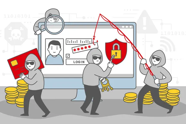 Grafik: Verschiedene Symbole Internetkriminalität: Männer mit Hoodie und Sonnenbrille mit Angel, Kreditkarte, Schloss, Lupe