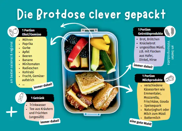 Eine Brotdose mit clever gepacktem Inhalt: oben Obst- und Gemüsestücke, unten mehrere belegte Brote mit unterschiedlichen Belägen. Der Fokus liegt auf einer abwechslungsreichen, gut organisierten Mahlzeit für unterwegs.