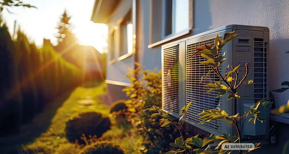 Wärmepumpe an einer Hauswand, im Hintergrund geht die Sonne gerade auf im angrenzenden Garten, vor der Wärmepumpe sieht man einen kleinen Ast von einem Busch