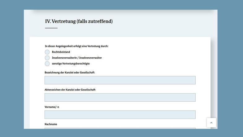 Screenshot der Webseite des Bundesjustizamts: Angabe eines Vertreters im Formular