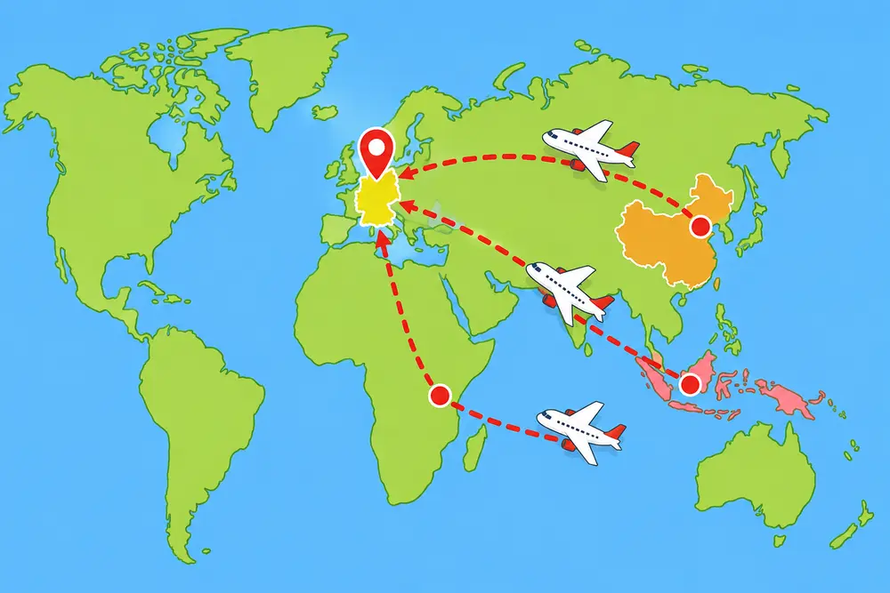 für leichte Sprache: Weltkarte mit 3 Flugrouten aus China und Afrika nach Europa mit roten Linien und Flugzeugen dargestellt. 