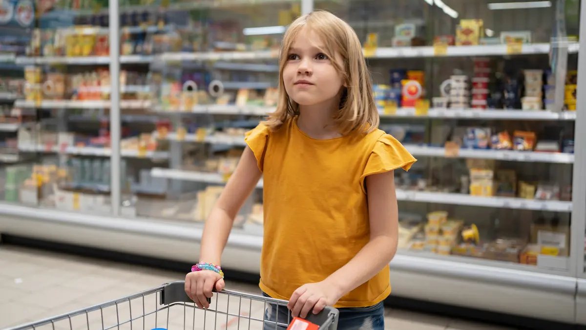 Ein Kind in einem gelben Shirt steht neben einem Einkaufswagen im Supermarkt