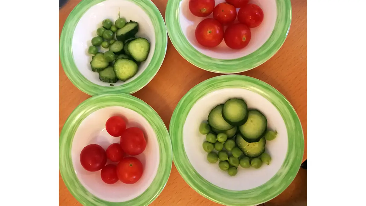 Teller mit Tomaten, Erbsen und Gurken aus dem Kita-Garten