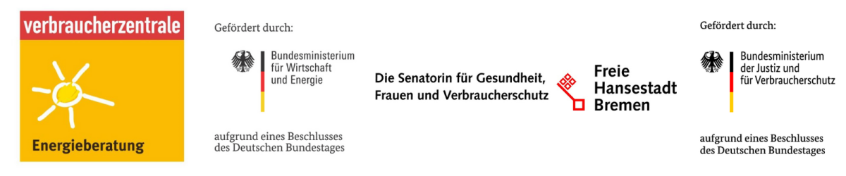 Logo der Energieberatung und Förderlogos des Bundesministeriums für Wirtschaft und Energie, der Senatorin für Gesundheit, Frauen und Verbraucherschutz und des Bundesministeriums der Justiz und für Verbraucherschutz.