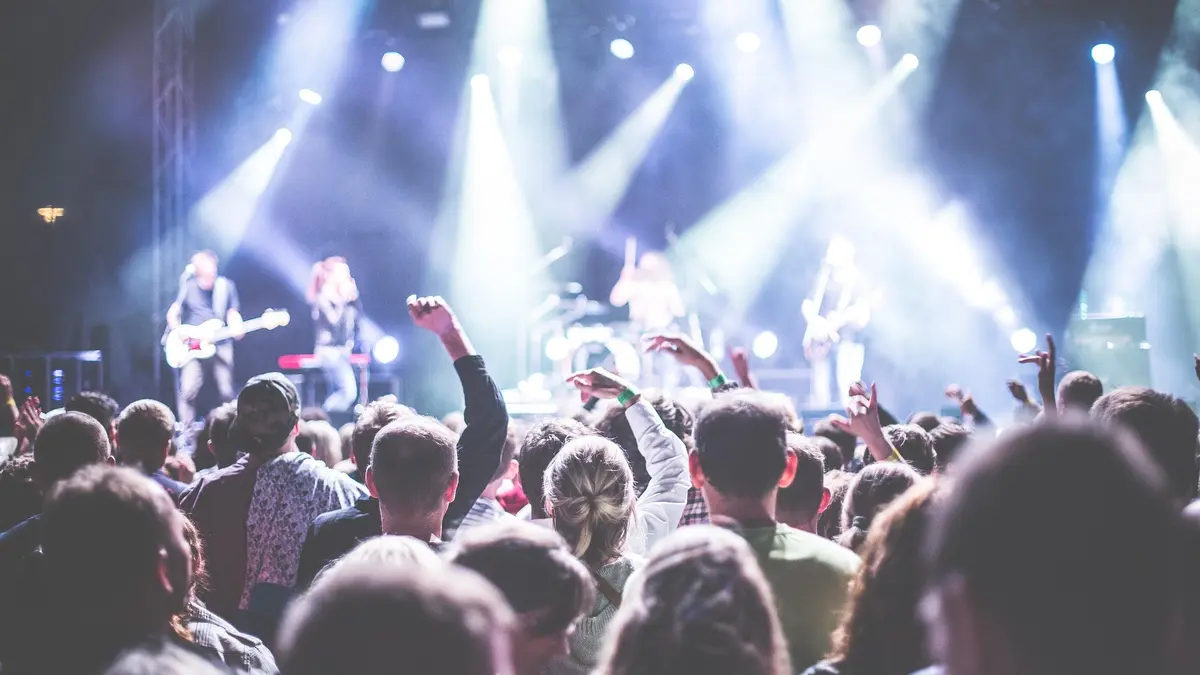 Menschen von hinten bei einem Konzert, im Hintergru8nd die beleuchtete Bühne