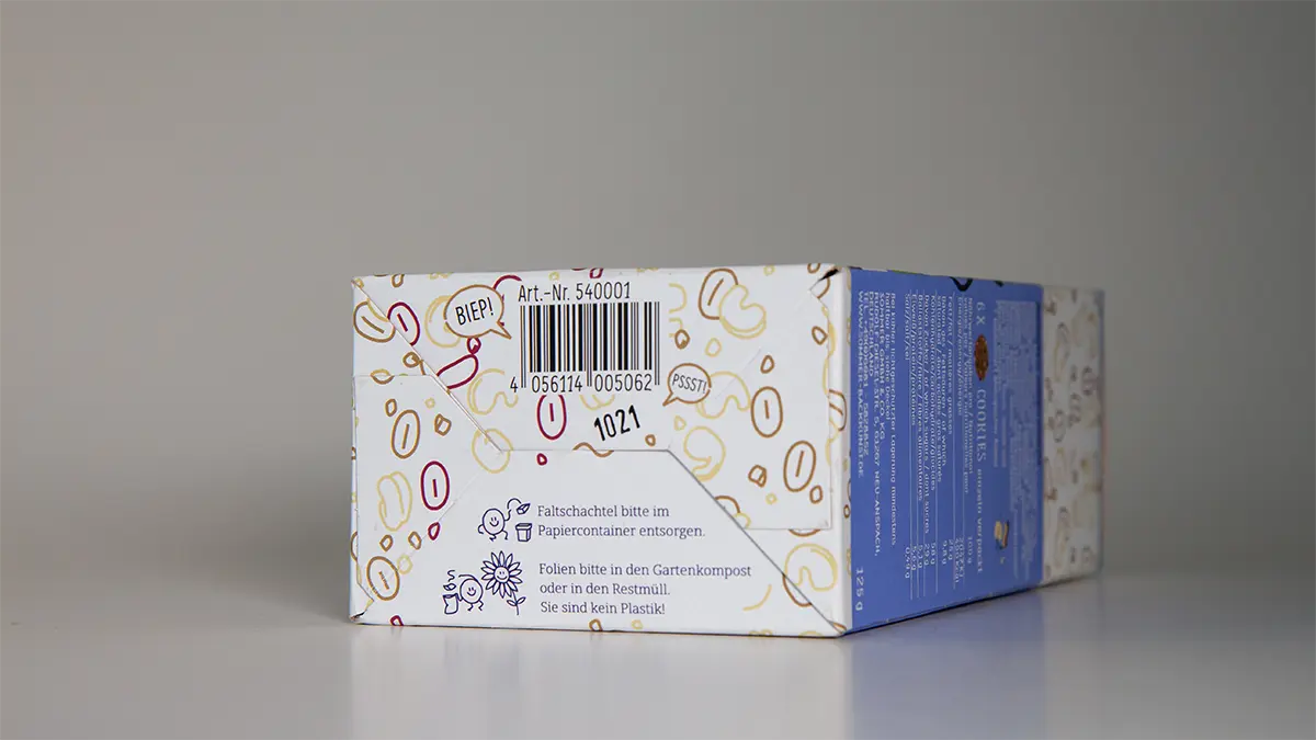 Verpackung Kekse mit Hinweis auf Boden