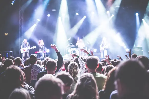 Menschen von hinten bei einem Konzert, im Hintergru8nd die beleuchtete Bühne