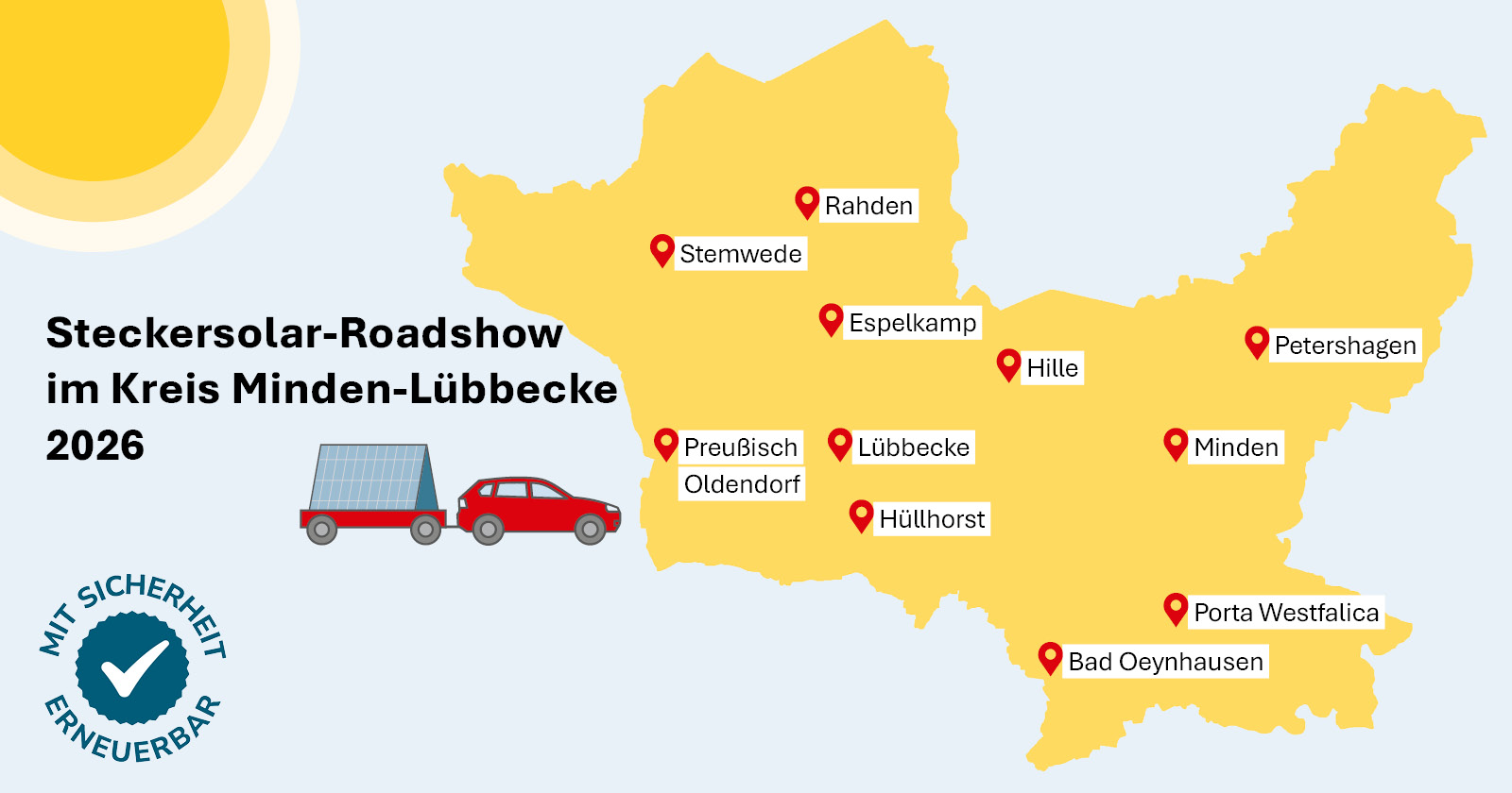 Karte vom Kreis Minden-Lübbecke mit elf Stopps der Steckersolar-Roadshow, im Hintergrund ein Balkon mit Stecker-Solargeräten