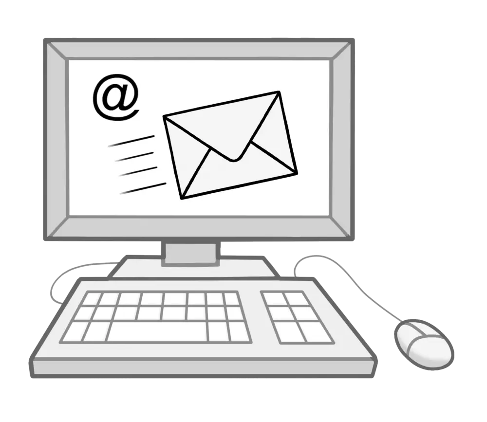 Zeichnung eines Computers. Auf dem Bildschirm ist ein Briefumschlag und ein E-Mail-Symbol zu sehen.