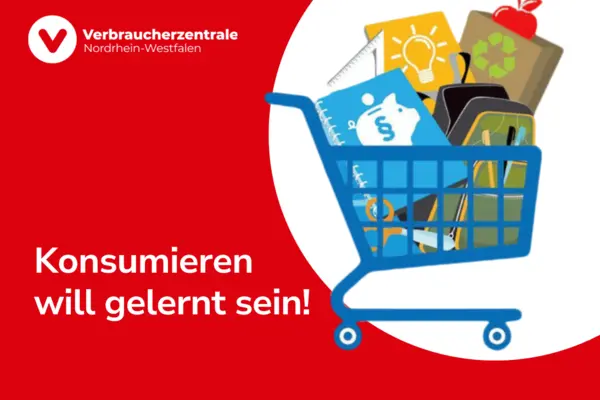 Einkaufswagen sowie der Text "Konsumieren will gelernt sein"