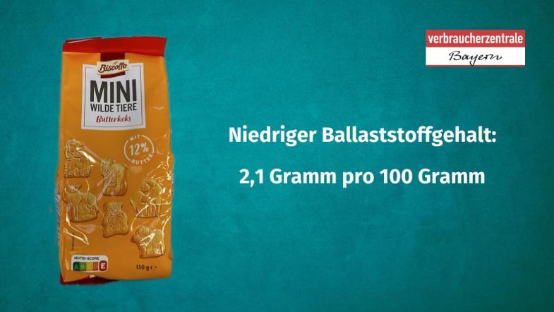 Produktfoto von Kinderkeksen mit der Angabe des Ballaststoffgehaltes