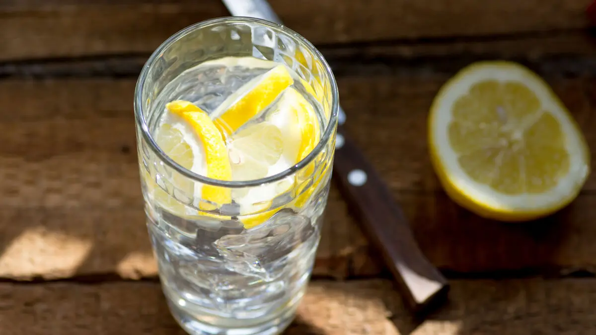 Ein Glas mit Tonic Water und Zitronenscheiben