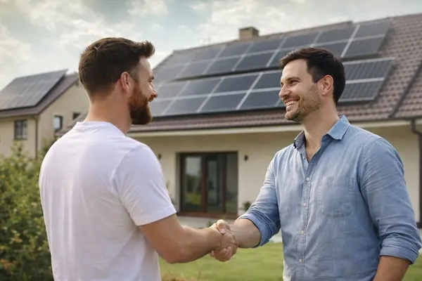 2 Maenner geben sich die Hand vor einem Haus mit Solarplatten auf dem Dach