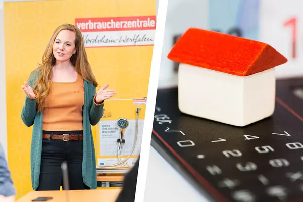 Vortragssituation & Taschenrechner, Modellhaus, Geldscheine