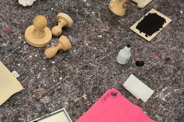 Stempel und Stempelkissen auf grauer Tischdecke