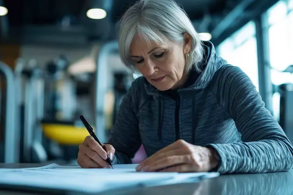 Ältere Frau unterschreibt Vertrag im Fitnesstudio