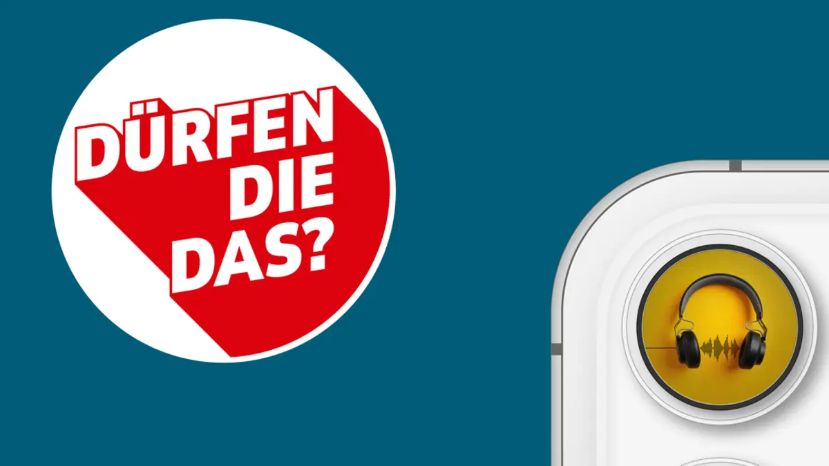 Bild mit Logo des Podcasts "dürfen die das?" neben einem Smartphone mit Kopfhörern an Stelle der Kameralinse