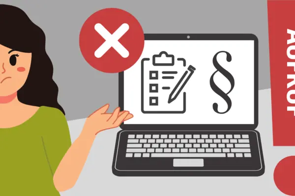 Eine Frau weiß nicht weiter. Sie steht neben einem X und einem Laptop auf dem Symbole für Legal Tech zu sehen sind. Neben allem ein Ausrufezeichen mit dem Wort "Aufruf"
