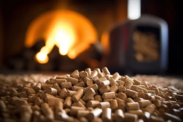 Holzpellets liegen vor einem Kamin.