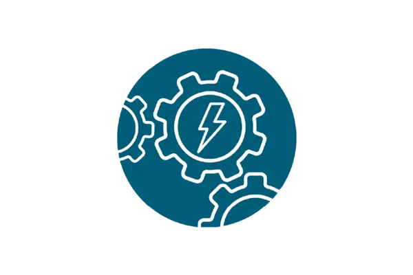 Ein kreisförmiges, blaues Icon mit weißen Linien, das drei ineinandergreifende Zahnräder zeigt. Im Zentrum des größten Zahnrads befindet sich ein Blitz-Symbol