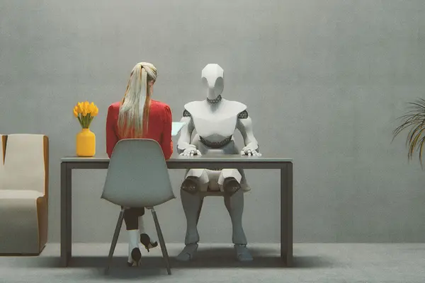 Algorithmen spielen auch oft auch bei der Bewerberauswahl mit: Ein Bewerbungsgespräch, in dem eine Frau einem Cyborg gegenübersitzt