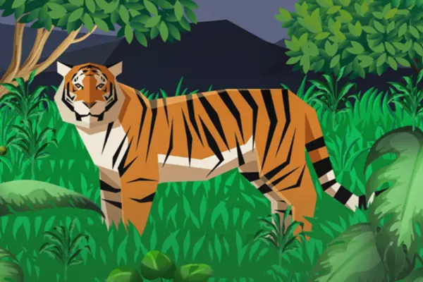 Illustration eines Tigers in blühender Landschaft aus der App "PalmOil Scan" 